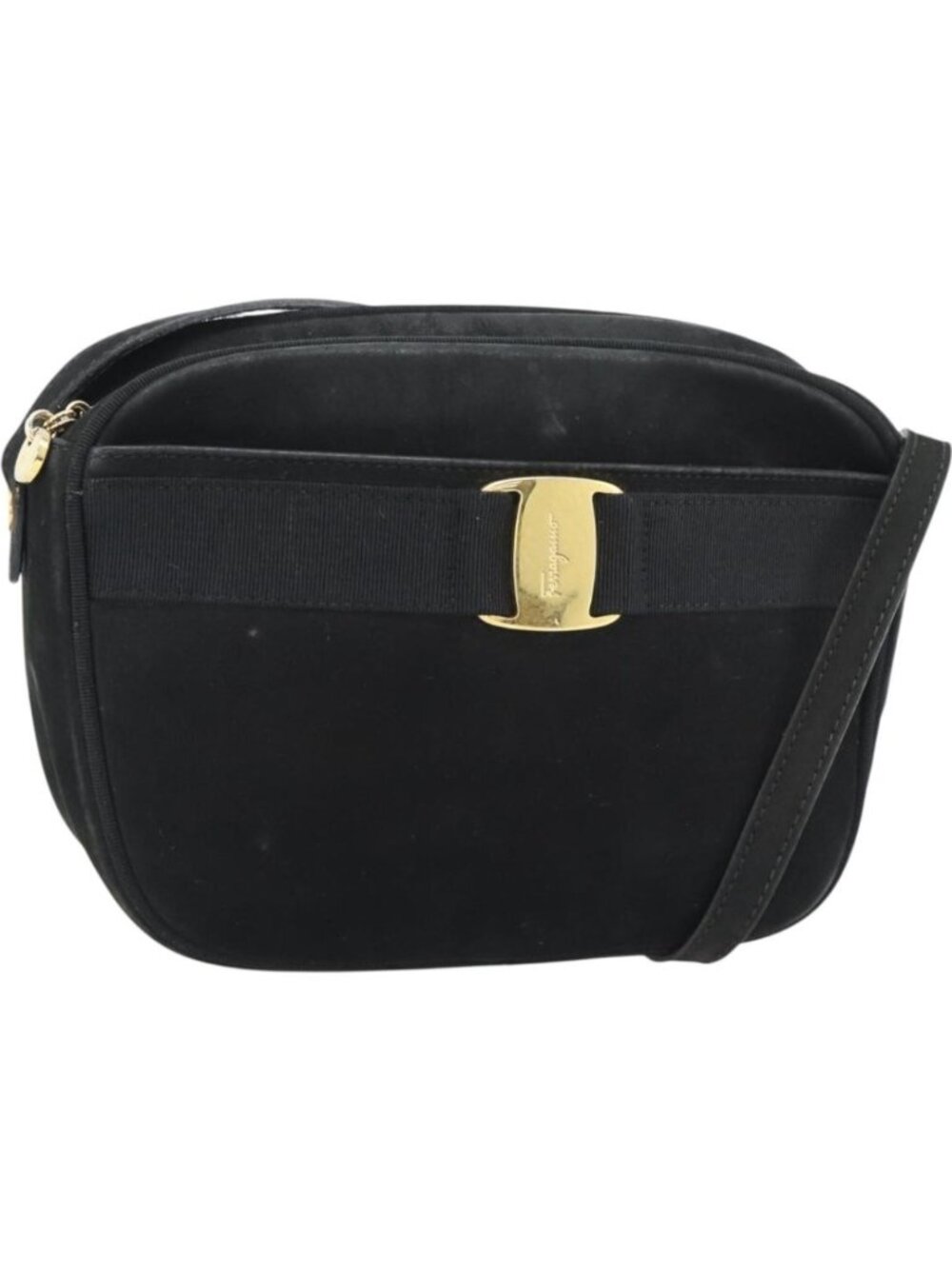 Salvatore Ferragamo Vala Shoulder Bag Suede Black Gold